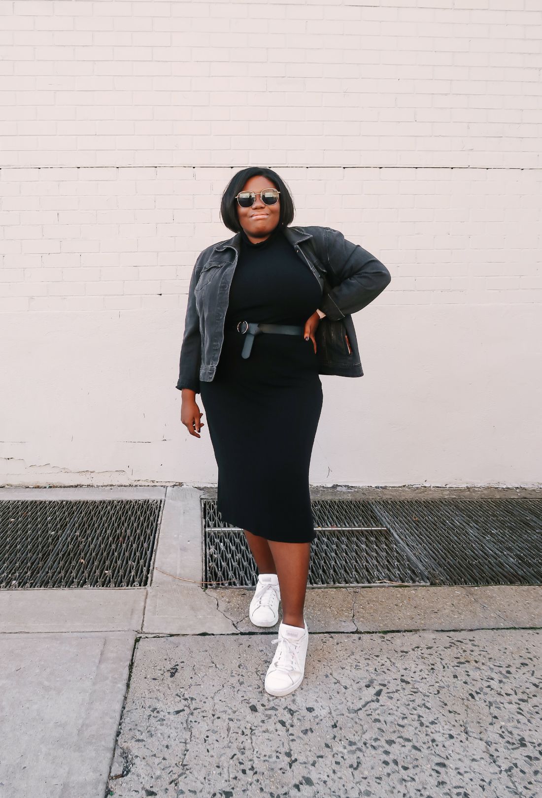 style basics for every closet gabby in the city blog black midi dress, belted, with old navy jean jacket